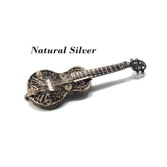 Vintage Silver Filigree Guitar or Violin Brooch, Cannetille Wire Work, 1940s - Picture 9 of 10